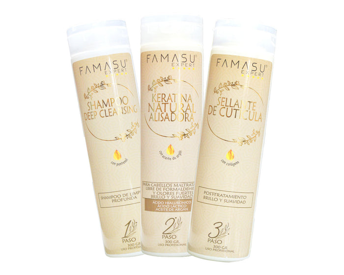 PACK FAMASU KERATINA NATURAL ALISADORA + SHAMPOO + KERATINA NATURAL + SELLANTE DE CUTICULAS 300GR